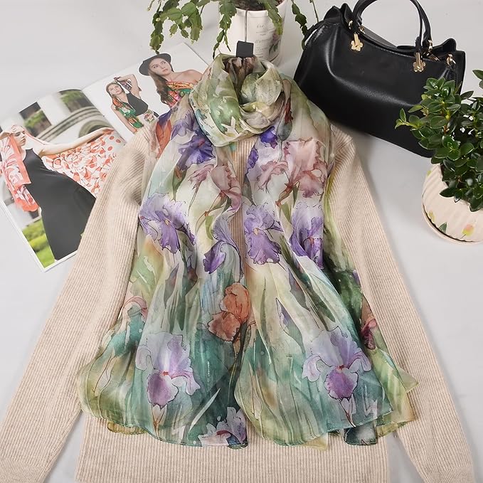 100% Mulberry Silk Women's Neck Silk Scarf-Lightweight Shawl,FLoral Print Beach Silk Wrap-Scarves for Photography