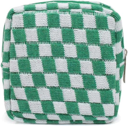 Small Green Makeup Bag for Purse, Mini Checkered Cosmetic Bag Zipper Cute Make Up Pouch Travel Toiletry Bag Quilted Aesthetic Accessories Makeup Storage Bag Organizer for Women Girls