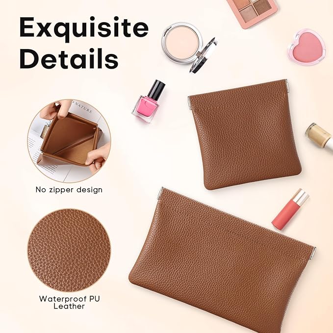 Sightor Leather Pocket Cosmetic Bag for Purse, 2 Pack Small Makeup Bag for Women Coin Purse Lipstick Cosmetic Accessories Organizer Travel Cosmetic Pouch (Brown)