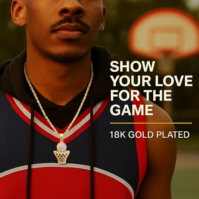 Basketball Necklace - 18K Plated Basketball Chain with Hoop for Men, Women, Teens - Gold, Silver & Black Color Options - Stainless Steel Sports Pendant with Simulated Diamond CZ Stones