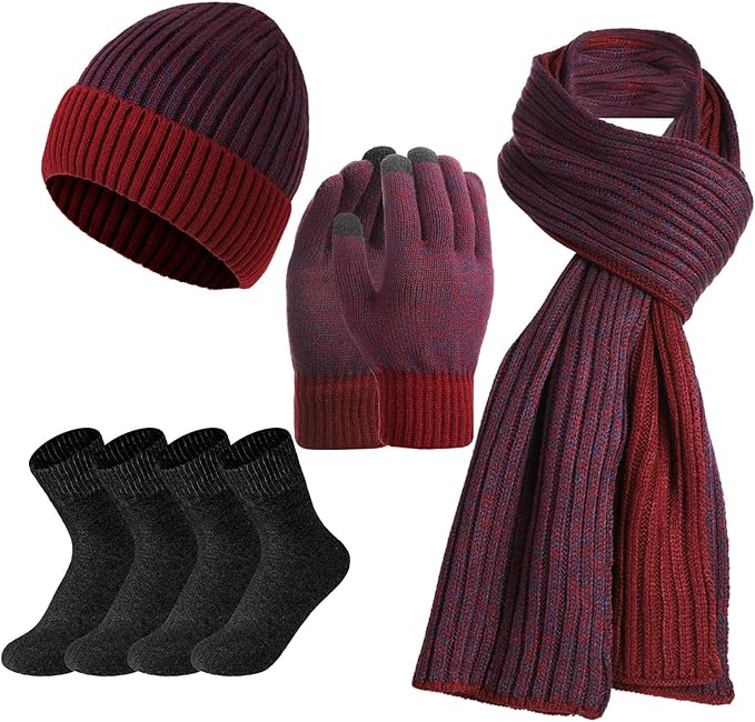 SATINIOR 6 Pcs Winter Hat Scarf Socks Touch Screen Gloves Sets Women Men Fleece Lined Knit Beanies Winter Gifts