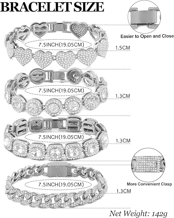 4PCS Gold Bracelets for Women Silver Clustered Tennis Bracelet for Women Heart Round Diamond Cuban Bracelet Layered Link Bracelet Set Fashion Jewelry for Women Set
