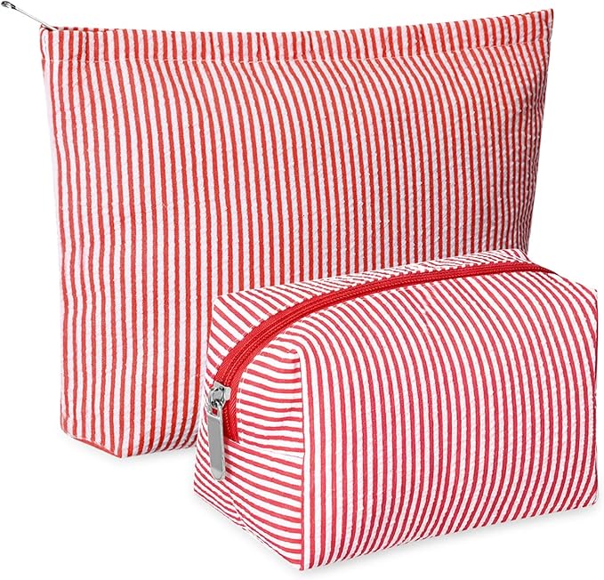 2 Pcs Makeup Bag Set Cute Cosmetic Pouch for Women Seersucker Travel Toiletry Bag Preppy Small Makeup Purse Pouch Aesthetic Skincare Brushes Storage Organizer for Christmas Women (Red)