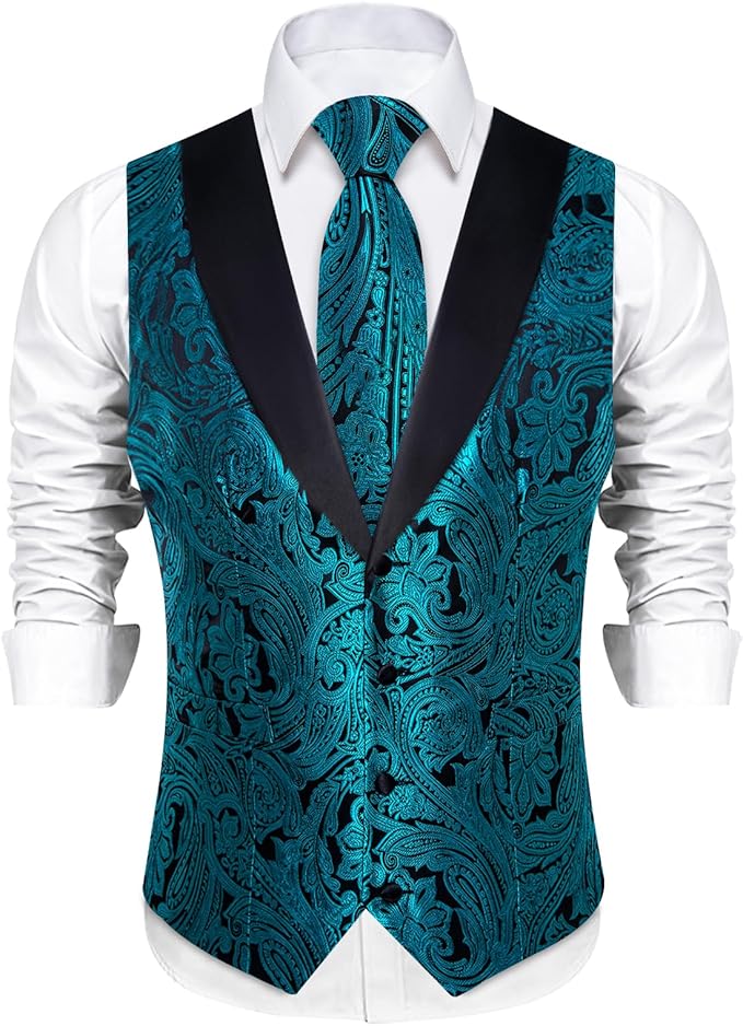DiBanGu Mens Paisley Suit Vest Silk Jacquard Waistcoat and Necktie Set Formal Shawl Collar Dress Vest 7PCS for Wedding Party