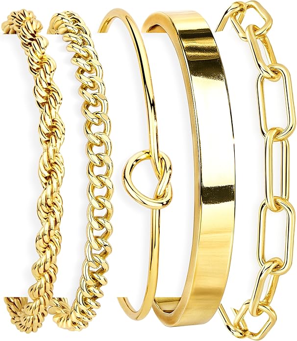 Gold Bracelets Set for Women Non Tarnish, 14K Gold Plated Sterling Silver Chunky Cuff Bracelet Stackable Gold Bangles Bracelet for Women Trendy Fashion Accessories Tie Knot Cuban Rope Paperclip Beaded Bracelet Stack Jewelry Valentines Day Gifts