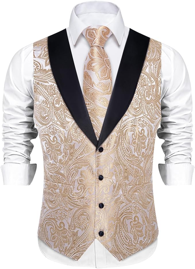 DiBanGu Mens Paisley Suit Vest Silk Jacquard Waistcoat and Necktie Set Formal Shawl Collar Dress Vest 7PCS for Wedding Party