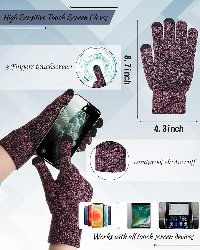 SATINIOR 6 Pcs Winter Knit Beanie Hat Scarf Touchscreen Gloves Set Warm Skull Cap Gifts for Men Women(Navy Blue, Wine Red)