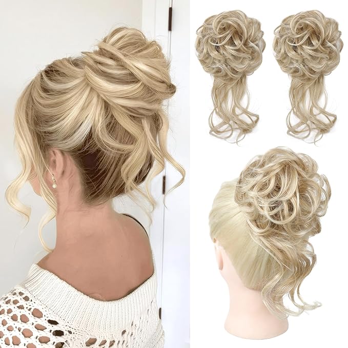 HOOJIH 2PCS Messy Bun Hair Piece, Tousled Updo with Tendrils Bun Extensions Wavy Curly Hair Wrap Ponytail Hairpieces Scrunchies for Women HB010 Dasiy - Ombre Deep Blonde and Light Blonde