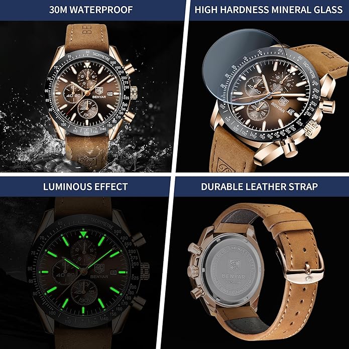 BY BENYAR Watch for Men Analog Quartz Chronograph Waterproof Luminous Designer Mens Wrist Watches Business Work Sport Casual Dress Watch with Silicone Strap Elegant Gifts for Men