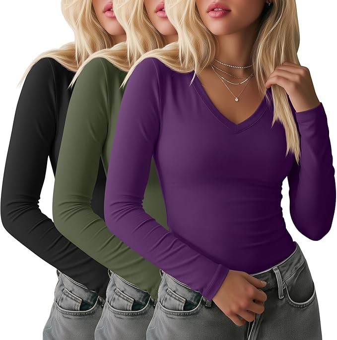 Ficerd 3 Pack Women's Long Sleeve Shirts, V Neck Basic Tees Slim Fitted Casual Fall Tops Going Out Blouses T Shirts