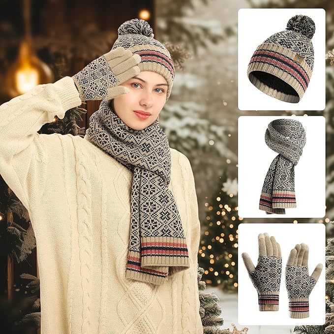 Womens Winter Beanie Hat Long Scarf and Touchscreen Gloves 3Pieces Fleece Lined Skull Caps with Pompom Neck Scarves Set