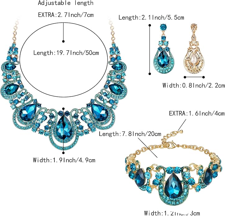 BriLove Women's Teardrop Crystal Statement Necklace Cluster Hollow Dangle Earrings Chain Bracelet Bib Jewellery Set for Wedding Bride Bridesmaid