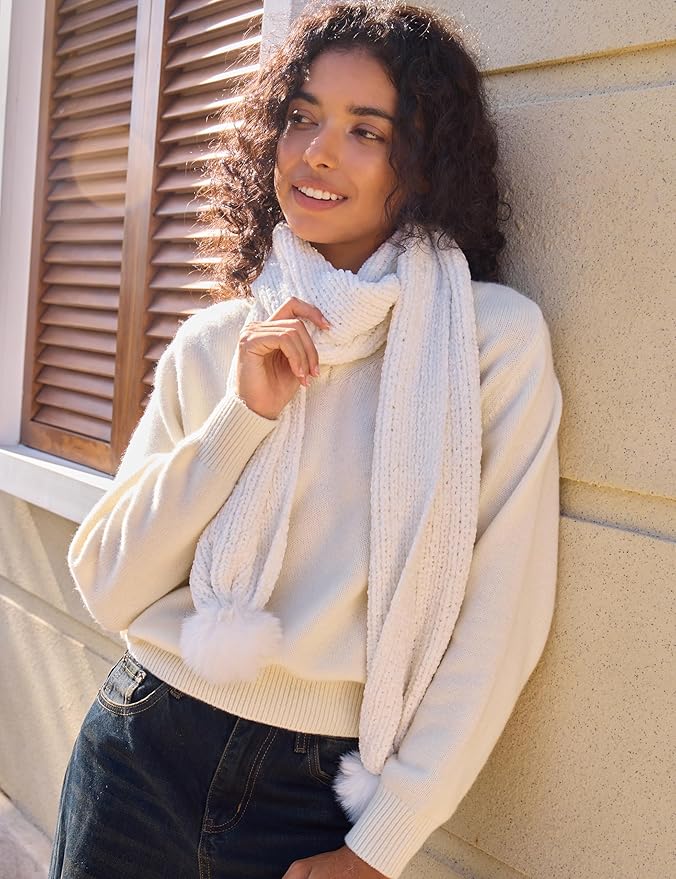 Womens Chenille Scarf with Pompom Winter Knit Warm Scarves for Cold Weather with Gift Box
