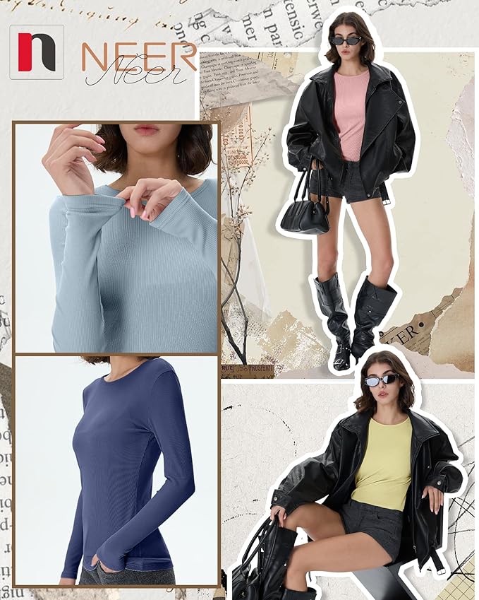 Neer 4 Pack Women's Ribbed Long Sleeve Shirts, Cotton Crew Neck Slim Fit Tops Stretch Knit Casual Base Layer Basic Tee Shirts