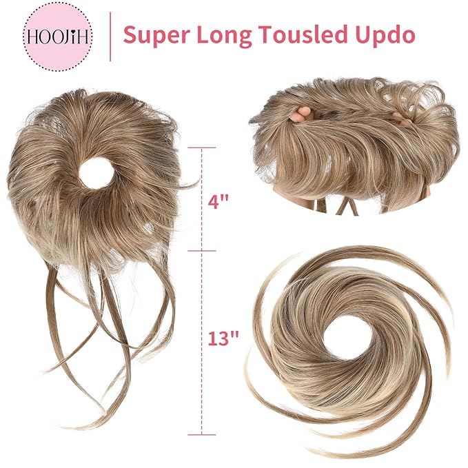 HOOJIH Messy Bun Hair Piece - Super Long Tousled Updo Extensions, Wavy Wrap Ponytail Hairpieces, Scrunchies With Elastic Band HB007 Grace - Light Ash Brown With Blonde Mixed