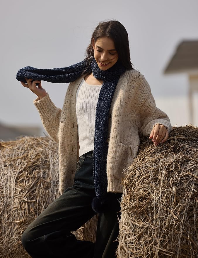 Womens Chenille Scarf with Pompom Winter Knit Warm Scarves for Cold Weather with Gift Box
