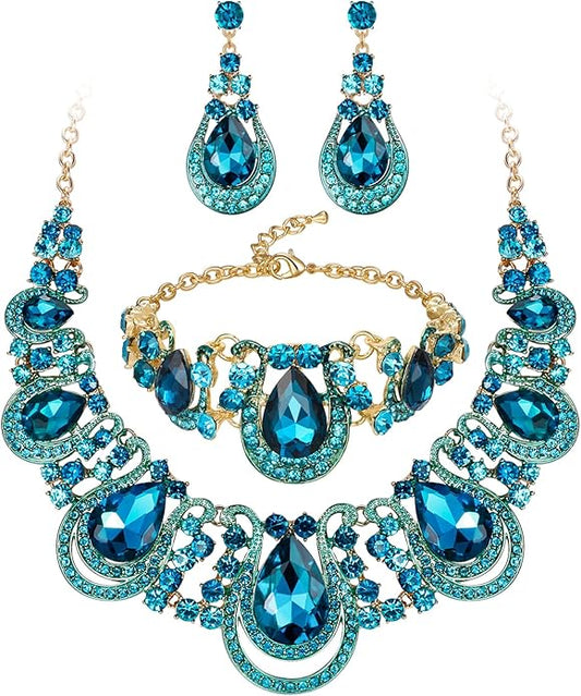 BriLove Women's Teardrop Crystal Statement Necklace Cluster Hollow Dangle Earrings Chain Bracelet Bib Jewellery Set for Wedding Bride Bridesmaid