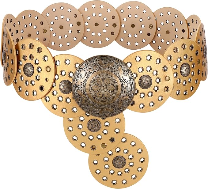 LEACOOLKEY Women's Boho Disc Belt Wide Western Leather Belt Vintage Concho Waist Belts for Dress Jeans