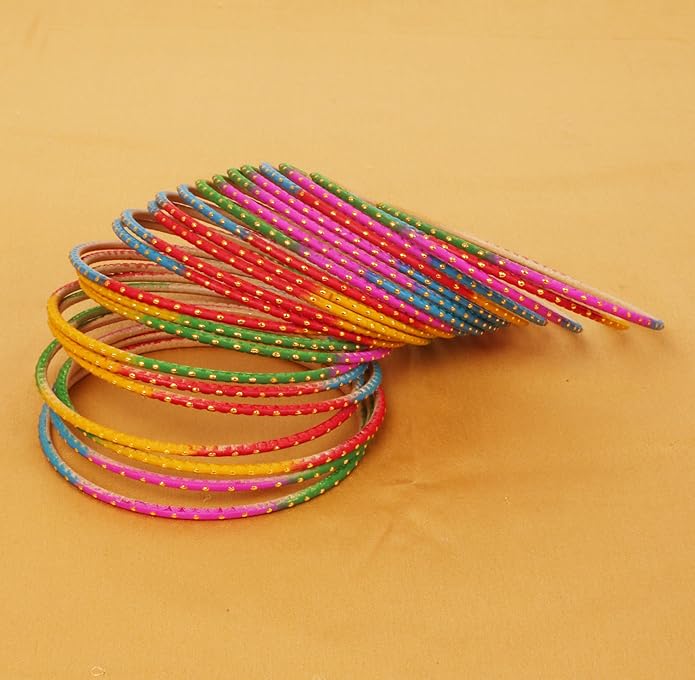 Touchstone Indian Bollywood Trending Fashion Handcrafted Beautifully Trimmed Edges Textured Golden Dots Designer Jewelry Bangle Bracelets. Set of 24 for Women.