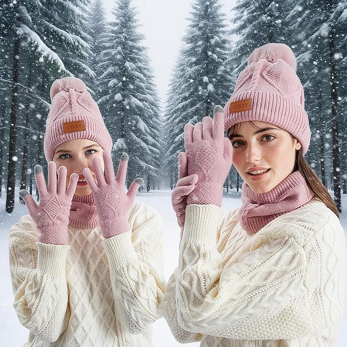 4 Pieces Winter Hat Scarf Glove Set for Women,Fleece Lined Beanie with Pom Pom,Touchscreen Gloves Knit Scarf for Cold Weather