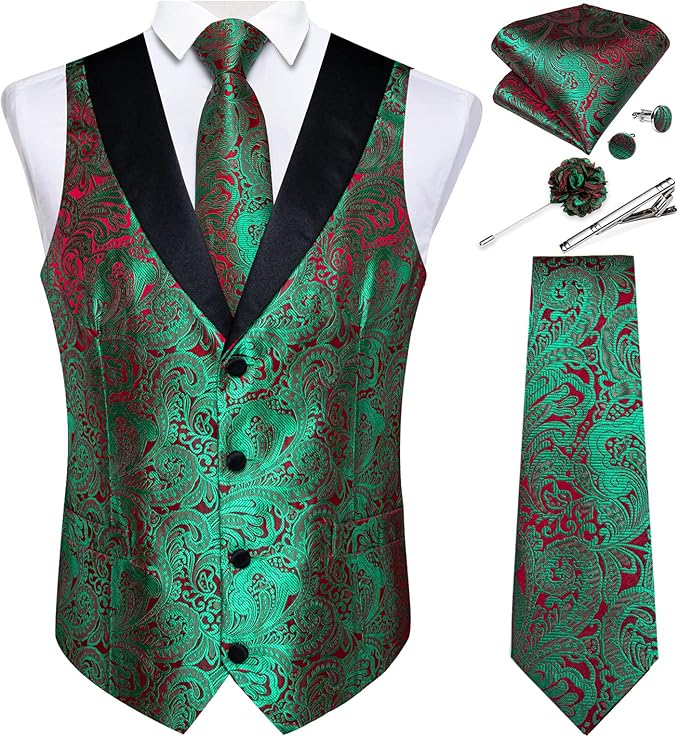 DiBanGu Mens Paisley Suit Vest Silk Jacquard Waistcoat and Necktie Set Formal Shawl Collar Dress Vest 7PCS for Wedding Party