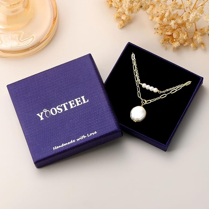 Yoosteel Pearl Necklace for Women - 14K Gold Plated Pearl Pendant Necklaces Minimalist Women Pearls Layered Necklace Dainty Trendy Bridal Bridesmaid Wedding Gifts for Her