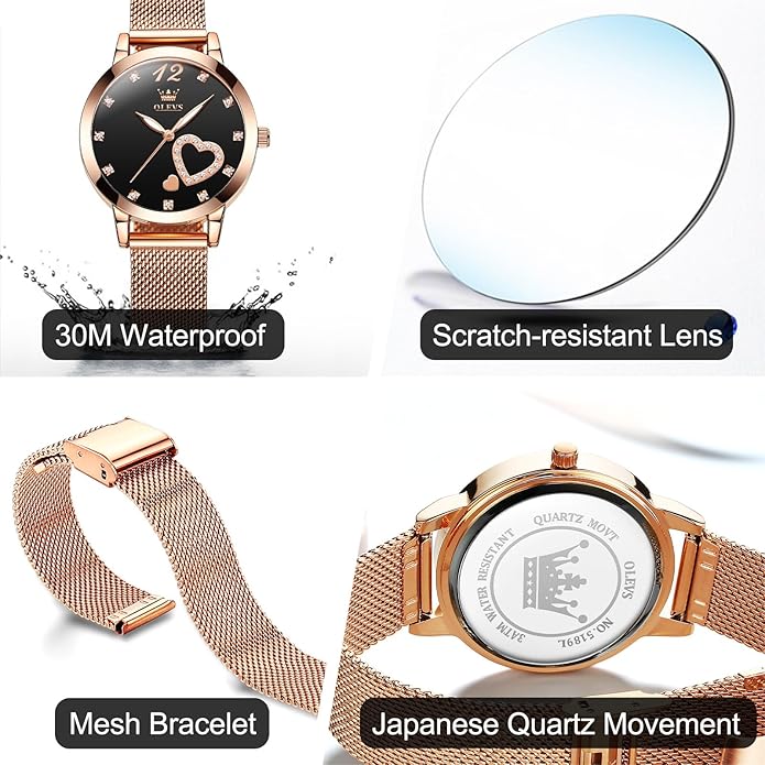 OLEVS Women's Small Wrist Rose Gold Tone Watch - Cute Diamond Heart Arabic Numerals Dial, Fashion Waterproof Mesh Bracelet Analog Dress for Ladies