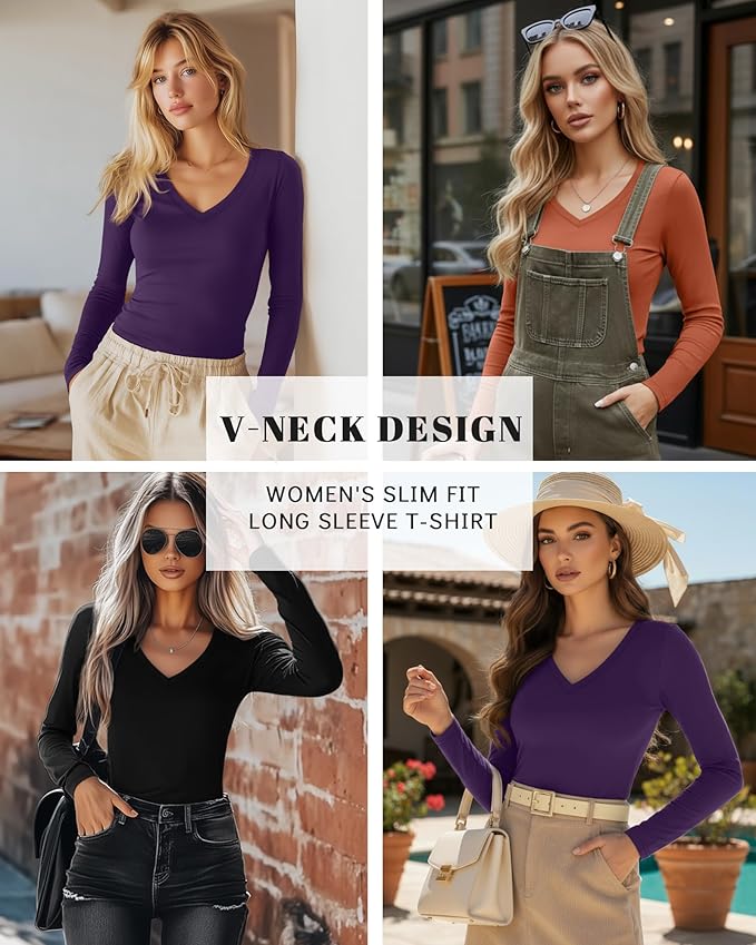 Ficerd 3 Pack Women's Long Sleeve Shirts, V Neck Basic Tees Slim Fitted Casual Fall Tops Going Out Blouses T Shirts