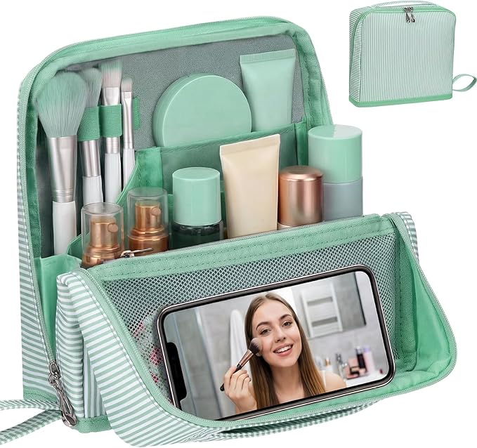 Striped Makeup Bag Large Cosmetic Bags for Women Gift with Brush Loops Mesh Pocket Wrist Strap Travel Organizer Storage Pouch Toiletry Case with Divider for Mirror(Fresh Green)