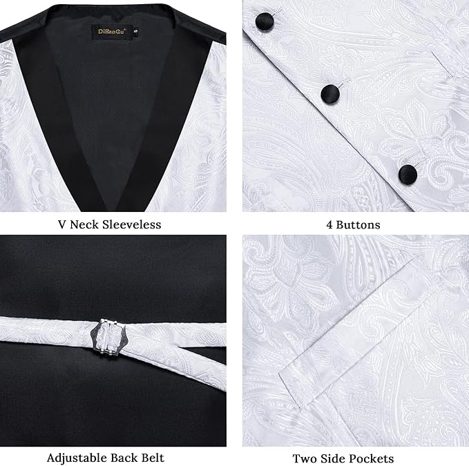 DiBanGu Mens Paisley Suit Vest Silk Jacquard Waistcoat and Necktie Set Formal Shawl Collar Dress Vest 7PCS for Wedding Party