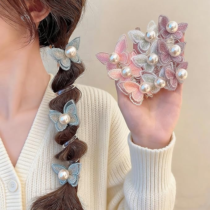 4PC Pearl Butterfly Telephone Wire Hair Ties – Spiral Elastic Bubble Ponytail Hair Bands for Women & Girls, No Damage, Soft & Stretchy Hair Accessories for High Ponytails and Braids (set-G)