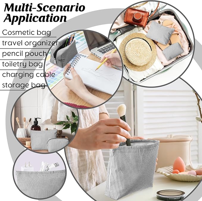 2 Pieces Makeup Bag Set Cute Cosmetic Pouch for Women Seersucker Travel Toiletry Bag Preppy Small Makeup Purse Pouch Aesthetic Skincare Brushes Storage Organizer for Christmas Women(Black)