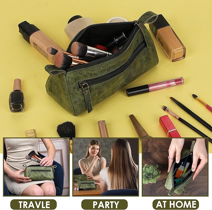Leather Makeup Bag Small Cosmetics Case for Purse Multipurpose Zippered Pouch for Travel Compact Leather Stationary Organizer Pencil Pouch Gift for Everyday Use