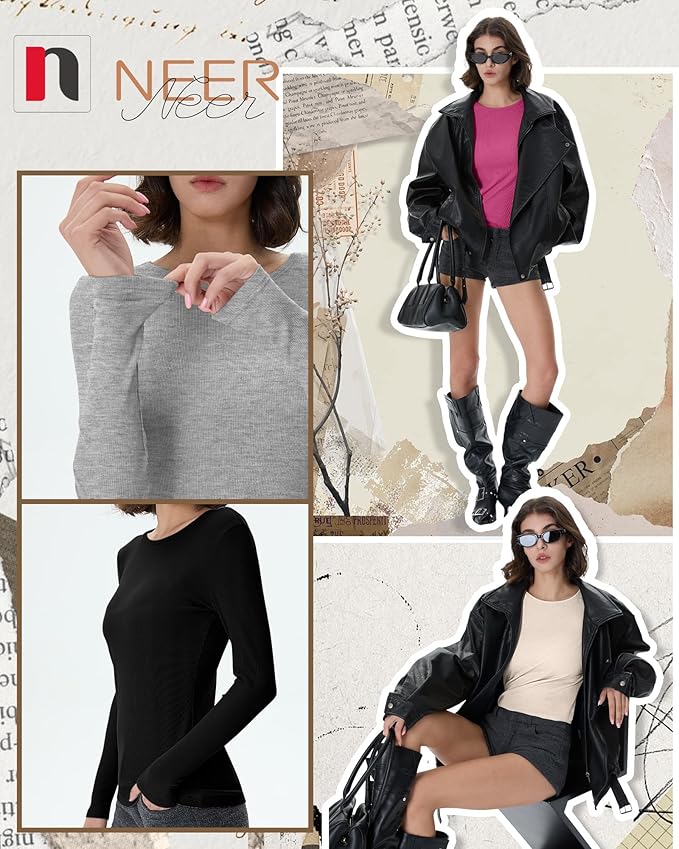 Neer 4 Pack Women's Ribbed Long Sleeve Shirts, Cotton Crew Neck Slim Fit Tops Stretch Knit Casual Base Layer Basic Tee Shirts
