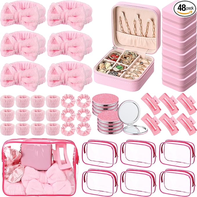 Spa Party Favors Pink Sleepover Party Supplies Bow Headband Wristband Scrunchies Hair Clip Jewelry Case Makeup Bag Mirror for Women Bridesmaid Return Gifts(Pink,48 Pcs)