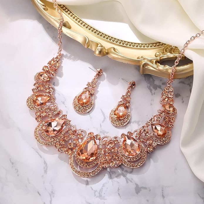BriLove Women's Costume Fashion Crystal Teardrop Hollow Scroll Statement Necklace Dangle Earrings Set