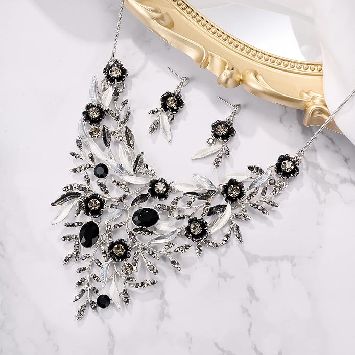 BriLove Wedding Bridal Leaf Cluster Jewelry Set for Women Crystal Flower Enamel Statement Necklace Dangle Earrings