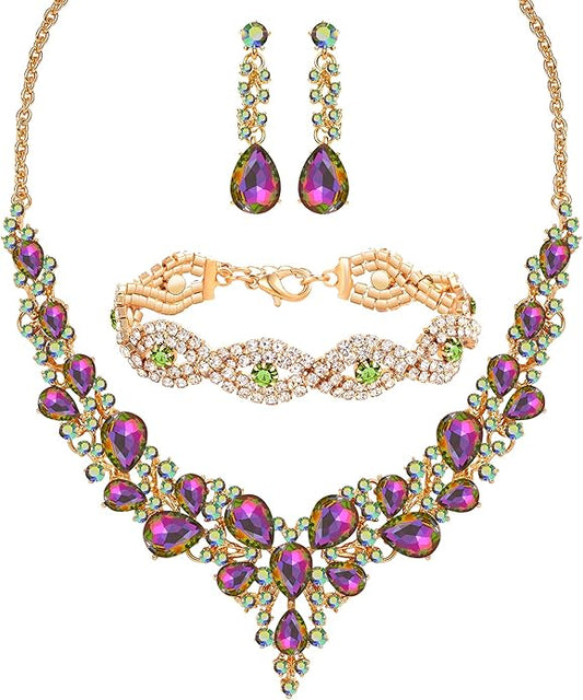 3/4 Pieces Women Jewelry Set Artificial Rhinestone Crystal Bride Statement Choker Necklace Tiara Crown Link Bangle Bracelet Teardrop Dangle Earrings Set