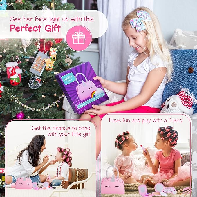 Pretend Play Makeup Kit for Little Girls with Unicorn Purse: Fake (Not Real) Make up Toy Set for Toddlers and Kids - Includes Hair and Nails Accessories, Baby Girl Toys Princess Toddler Gift Set