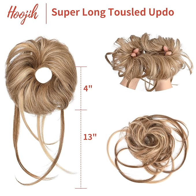 HOOJIH Messy Bun Hair Piece - Super Long Tousled Updo Extensions, Wavy Wrap Ponytail Hairpieces, Scrunchies With Elastic Band HB007 Grace - Light Brown With Blonde Mixed