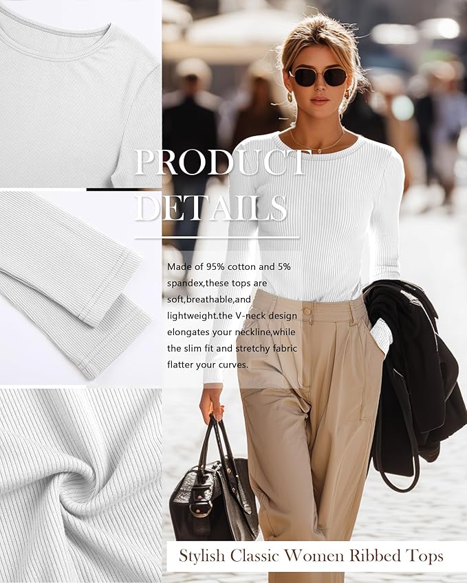 Neer 4 Pack Women's Ribbed Long Sleeve Shirts, Cotton Crew Neck Slim Fit Tops Stretch Knit Casual Base Layer Basic Tee Shirts