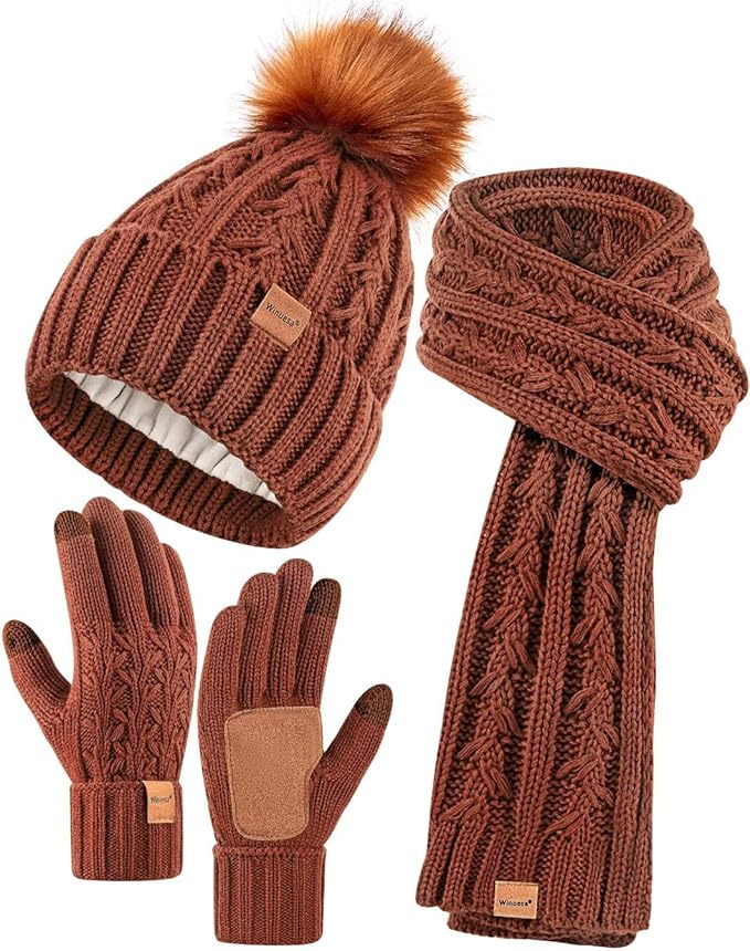 Womens Beanie Hat Scarf Gloves Set, Fleece Lined Winter Hat with Pom Pom, Long Knit Scarf Touchscreen Gloves for Cold Weather