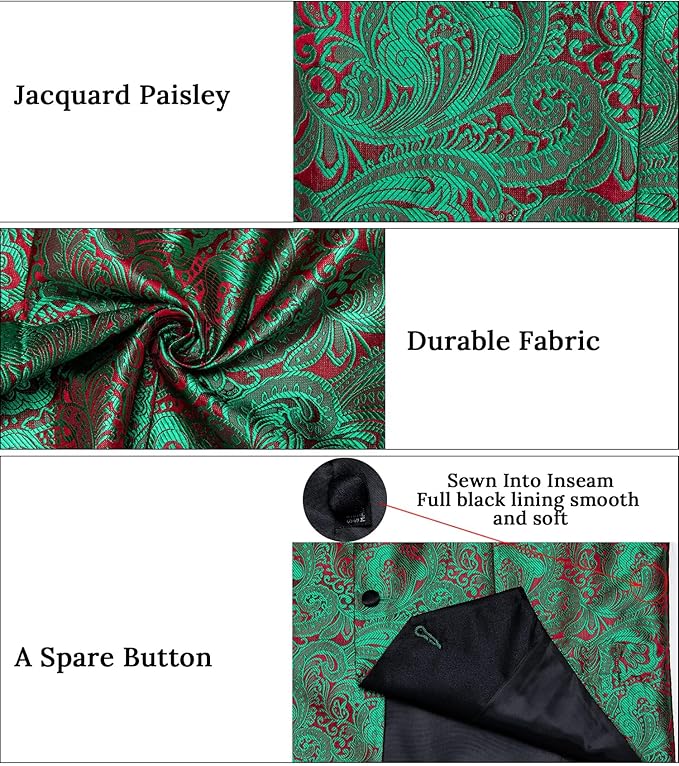 DiBanGu Mens Paisley Suit Vest Silk Jacquard Waistcoat and Necktie Set Formal Shawl Collar Dress Vest 7PCS for Wedding Party