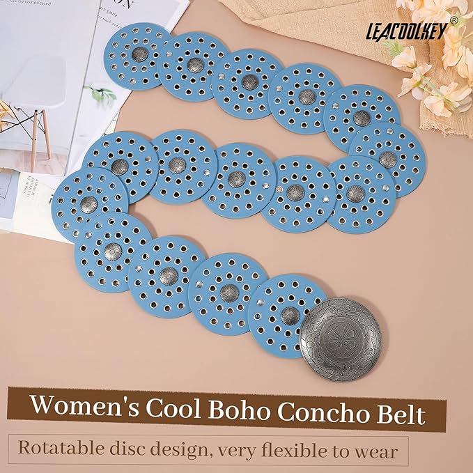 LEACOOLKEY Women's Boho Disc Belt Wide Western Leather Belt Vintage Concho Waist Belts for Dress Jeans
