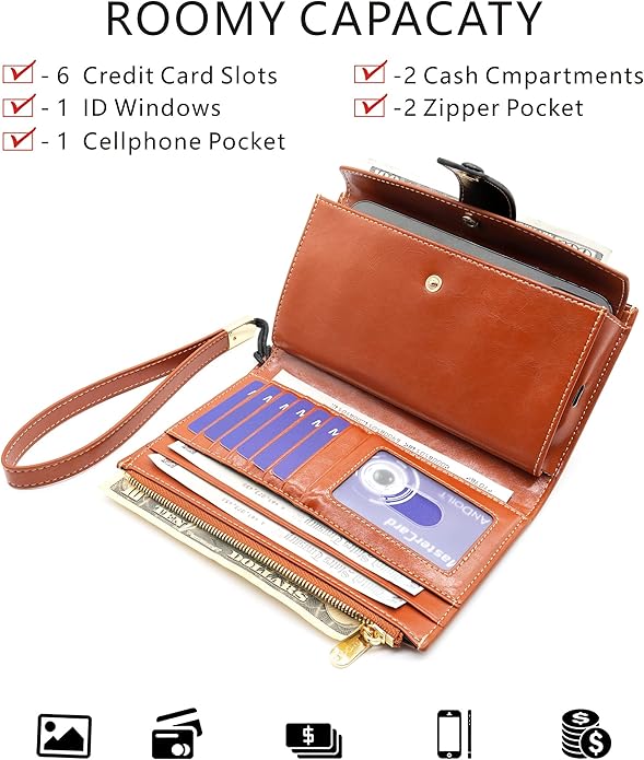 ANDOILT Wallet Women RFID Blocking Genuine Leather Bifold Multi Card Organizer Wristlet Purse Cell Phone Handbag