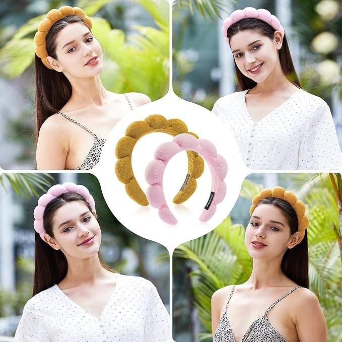 Headbands for Washing Face, Set of 2 - Terry Cloth Spa Headband for Facial, Makeup, Skincare, Puffy Headbands for Face Washing & Masks(Pink + Khaki)