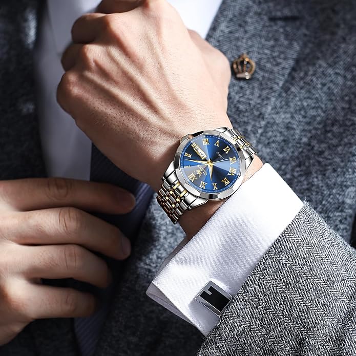 OLEVS Classic Men Watches with Date,Stainless Steel Man Watch with Date, Bussiness Watches for Men,Luminous Quartz Mens Watches Black/White/Blue/Gold, Waterproof Male Watch with Week