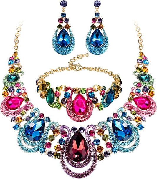 BriLove Women's Teardrop Crystal Statement Necklace Cluster Hollow Dangle Earrings Chain Bracelet Bib Jewellery Set for Wedding Bride Bridesmaid