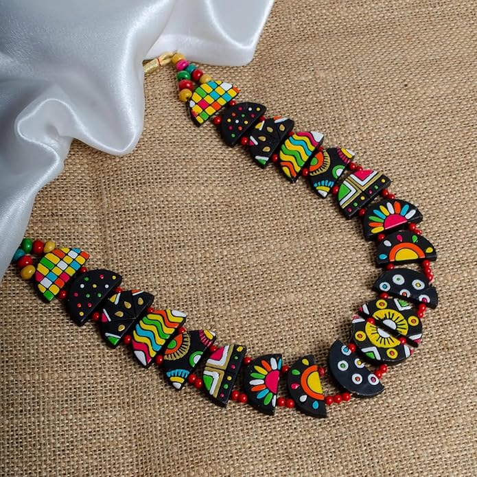 Celestial Creations Handmade Terracotta Necklace and Earrings Set – Boho Tribal Statement Jewelry for Women, Eco-Friendly Festival & Party Wear Gift