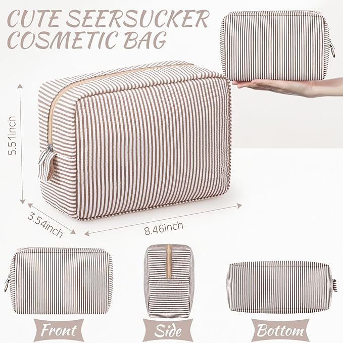 Sanwuta 3 Pcs Seersucker Makeup Bags Seersucker Cosmetic Bags Striped Women Large Travel Toiletry Organizer Preppy Storage Pouch for Embroidery Wedding Bridesmaid Gifts(Khaki)